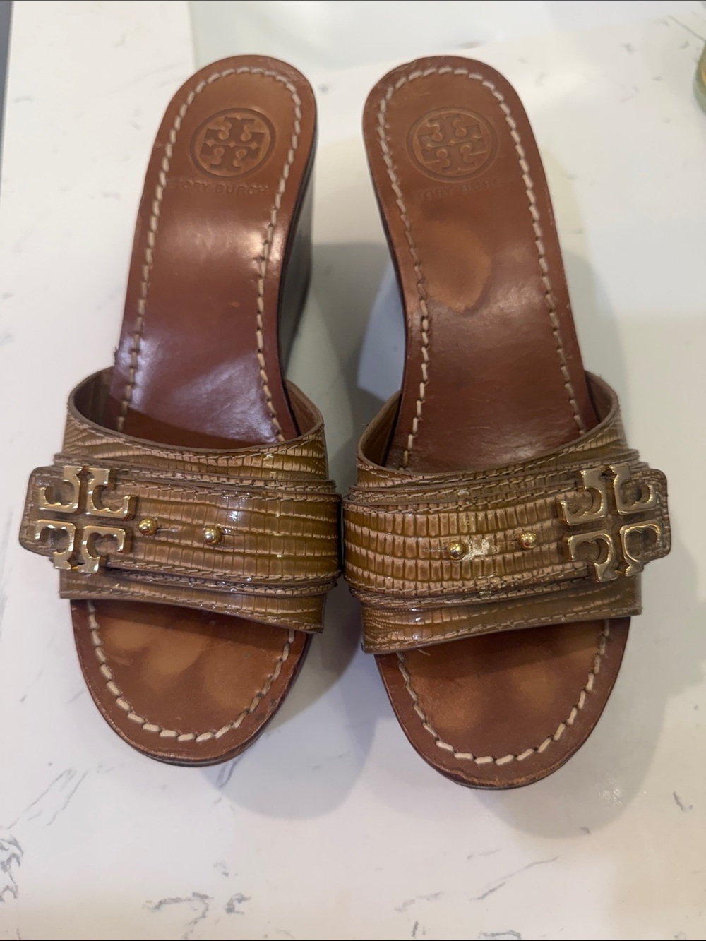 Tory Burch Tan Leather Wedge Slide Mules with Logo Hardware